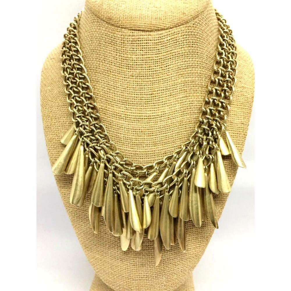 LOUISE ET CIE Necklace Gold Tone Bib Fringe Chain Link Statement Collar